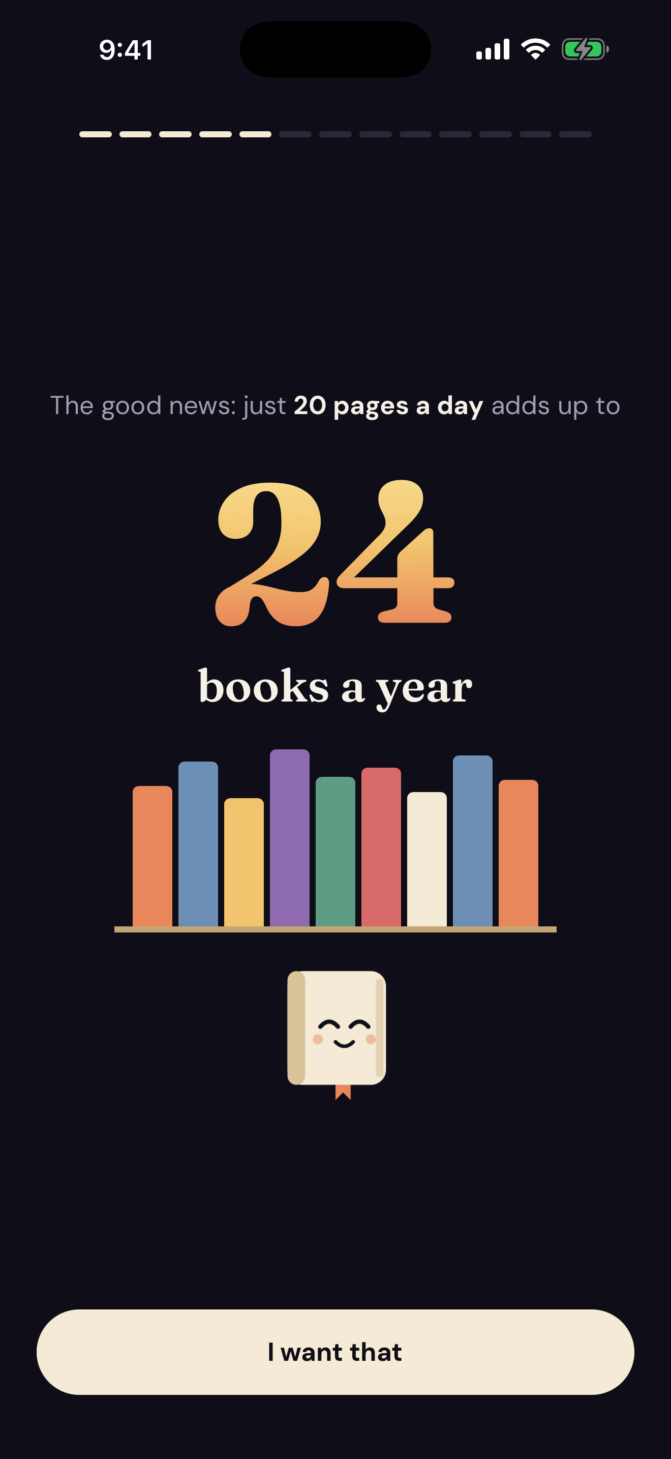 Onboarding screen showing that 20 pages a day adds up to 24 books a year
