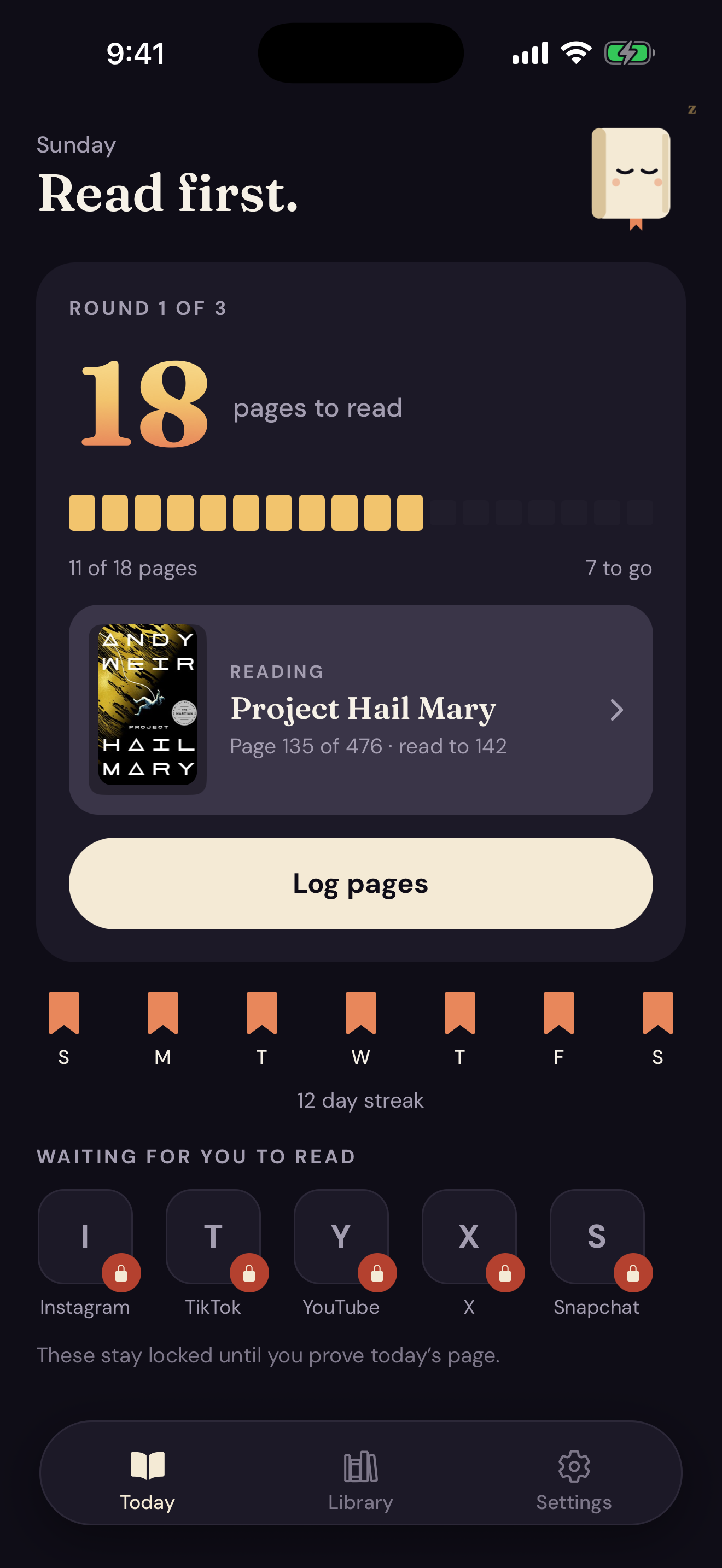 Today screen showing 18 pages to read and distracting apps locked
